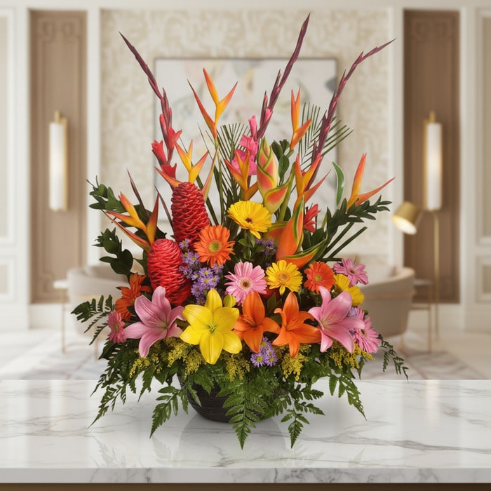 Arreglo floral exótico Fusión con lirios, aves del paraíso, jengibre y gerberas en tonos vibrantes sobre mármol, fondo elegan