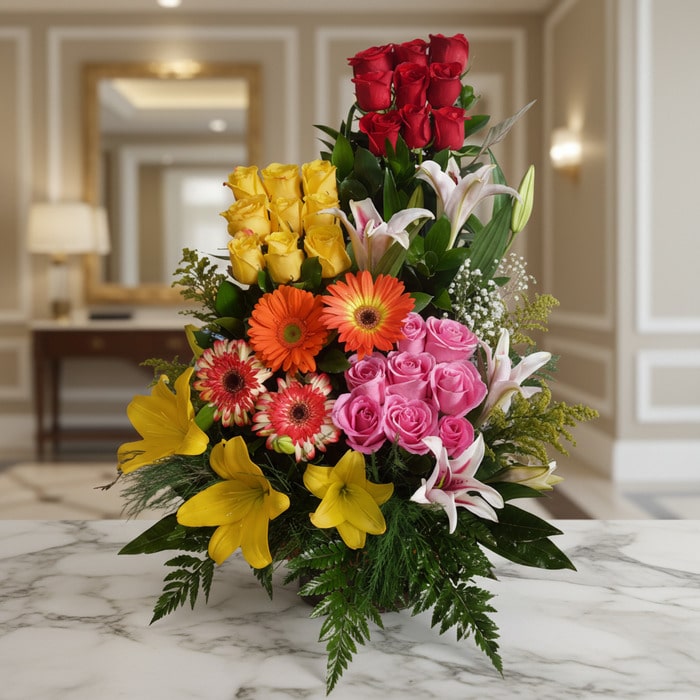 Arreglo floral exótico Paraíso con rosas rojas, amarillas y rosadas, lirios blancos y amarillos, y gerberas naranjas y rojas,