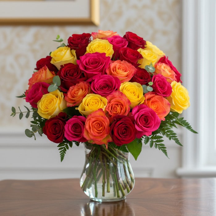 Arreglo floral MARIELLA con 36 rosas frescas en tonos rojo, amarillo, fucsia y naranja, presentado en un elegante jarrón de c
