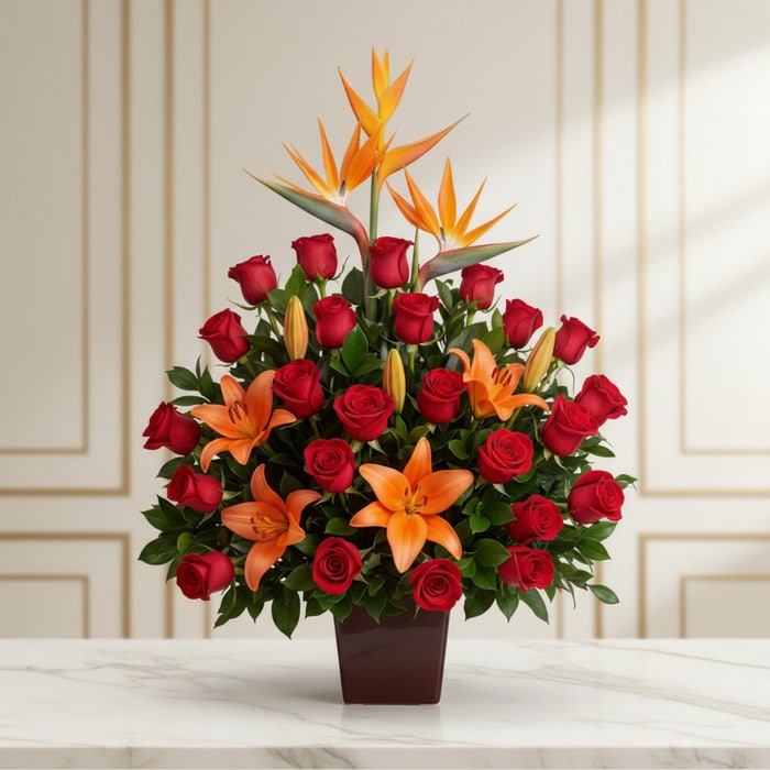 Arreglo floral 'Me Encantas' con lirios naranjas, rosas rojas y aves del paraíso, sobre una mesa de mármol en un entorno eleg