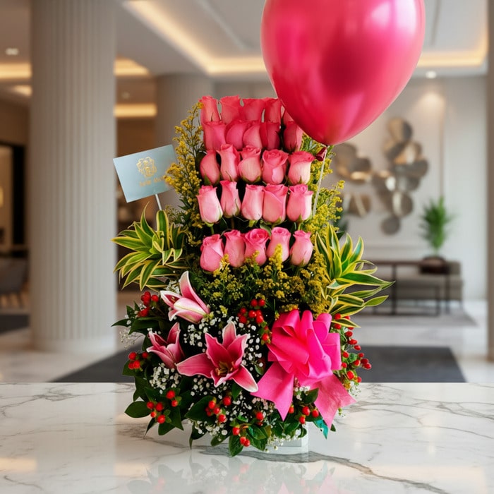 Arreglo floral premium 'Quiero que Sepas' con rosas rosadas, lirios, follaje verde y un globo fucsia, sobre mármol en un lobb