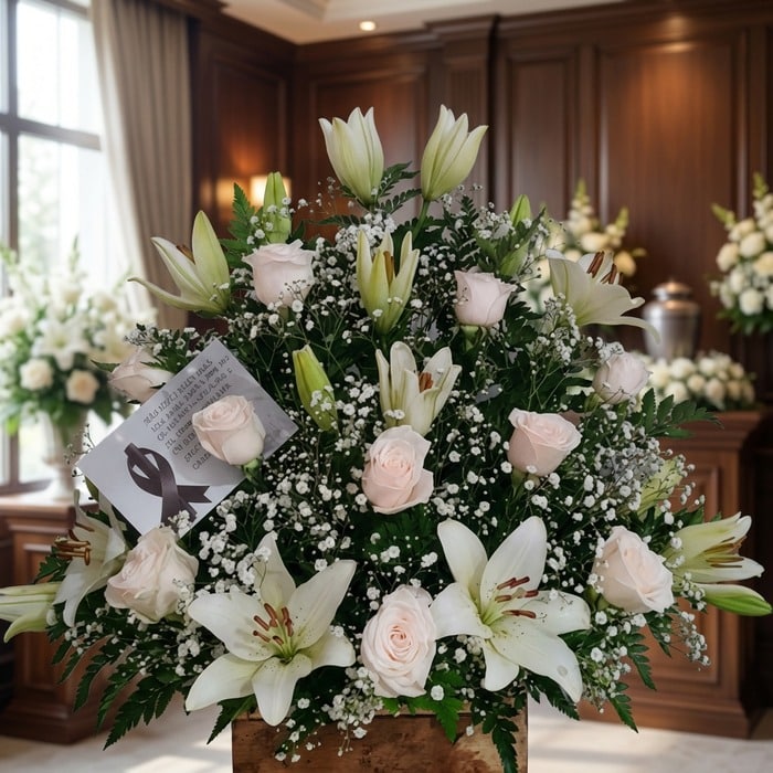 Arreglo fúnebre Infinito con lirios blancos y rosas pálidas, presentado en una sala de velación premium con luz natural suave