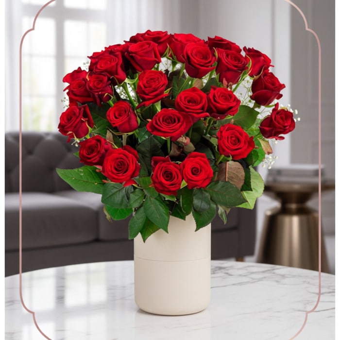 Arreglo floral Jianna con 25 rosas rojas frescas en un elegante jarrón blanco sobre mesa de mármol, fondo difuminado de sala