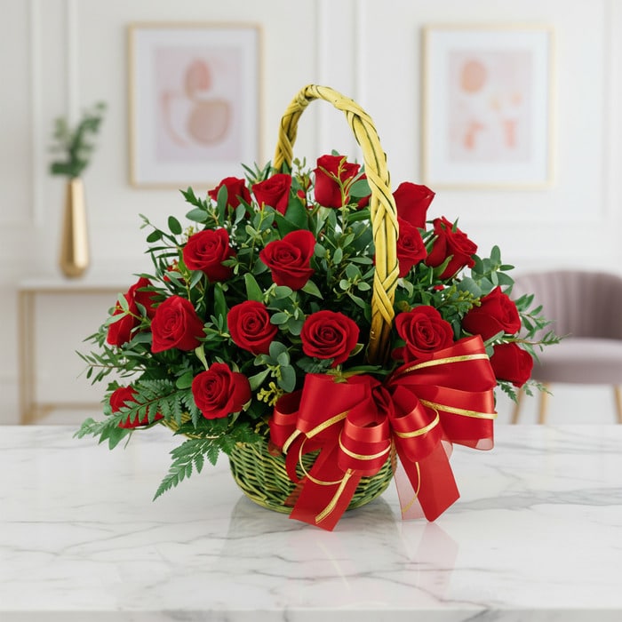 Canasta floral de mimbre verde con 24 rosas rojas vibrantes, follaje verde y un lazo rojo brillante, sobre una mesa de mármol