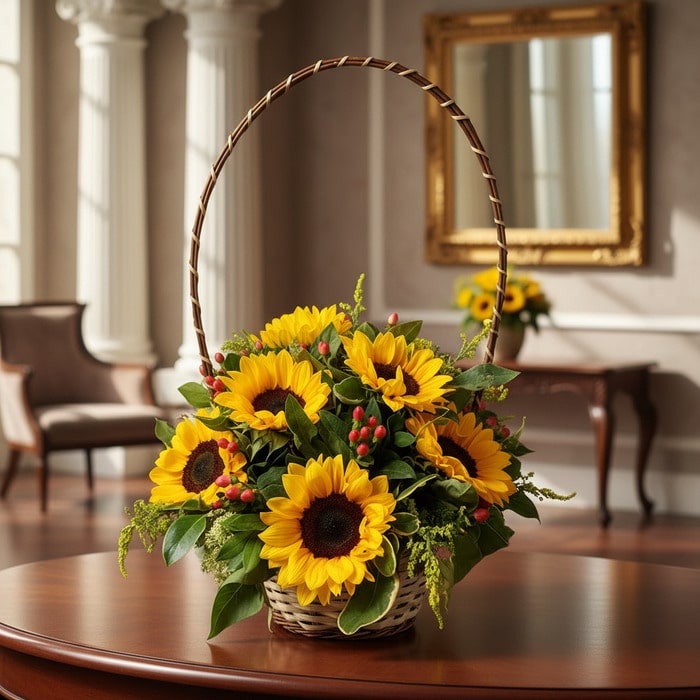 Canasta floral con 12 girasoles vibrantes y follaje verde, sobre una mesa de madera pulida en un recibidor elegante con espej