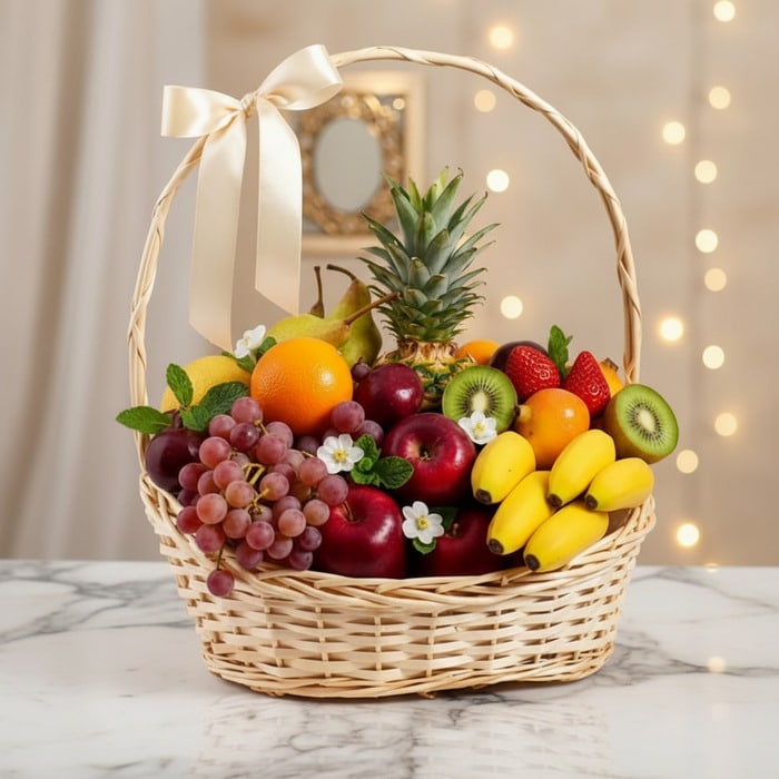 Canasta de mimbre con frutas frescas variadas como piña, uvas, manzanas, kiwis, naranjas, peras, fresas y plátanos, decorada