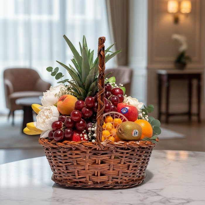Canasta de mimbre con piña, uvas rojas, manzanas, duraznos, kiwis, naranjas y plátanos, con flores blancas y eucalipto, sobre