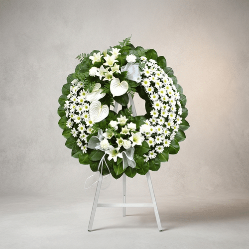 Corona fúnebre Legado de Paz con flores blancas, lirios, margaritas y anturios, sobre un caballete blanco en un fondo elegant