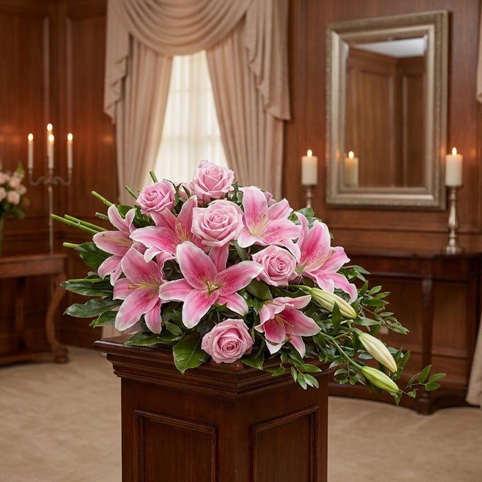 Corona fúnebre Lino con rosas rosadas y lirios, exhibida elegantemente en una sala de velación con iluminación cálida y fondo