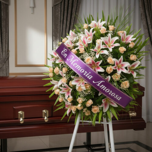 Corona fúnebre Luz Eterna con lirios blancos y rosas melocotón, cinta morada 'En Memoria Amorosa', junto a un ataúd de madera