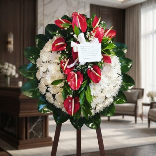 Corona fúnebre Trinidad con flores blancas y anturios rojos, en una sala de velación premium con luz natural suave.