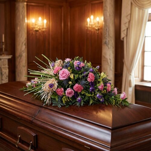 Cubre caja fúnebre 'Legado Sereno de Ivon' con rosas rosadas, claveles y cardos azules sobre un ataúd de madera oscura en un