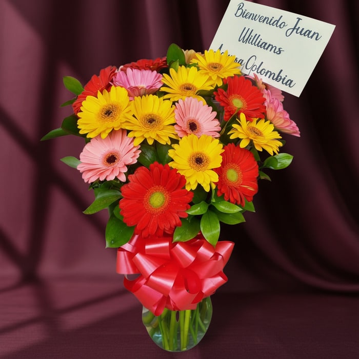 Jarrón de cristal con un vibrante arreglo de gerberas multicolores (rojas, amarillas, rosas) y follaje verde, atado con un la