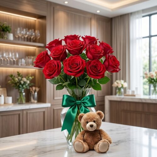 Jarrón Te Adoro con doce rosas rojas frescas y abiertas, lazo verde esmeralda, y un oso de peluche marrón sentado en una mesa