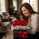 Mujer elegante y sonriente admira de cerca un Arreglo Floral Pétalos, una caja cuadrada negra con rosas rojas y gypsophila, a