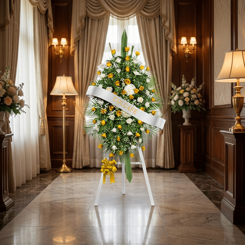 Pedestal fúnebre con rosas blancas y amarillas, ideal para honrar la memoria de un ser querido en una sala de velación elegan