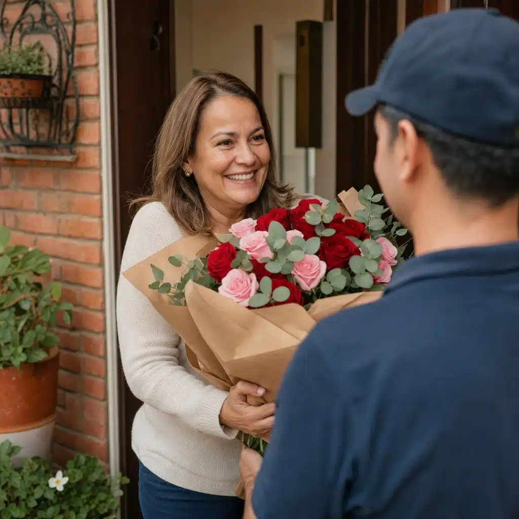 Entrega de flores a domicilio cliente recibiendo bouquet con sonrisa