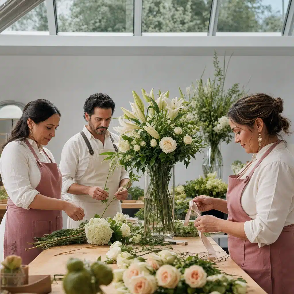 Equipo de floristas profesionales trabajando en taller en Colombia